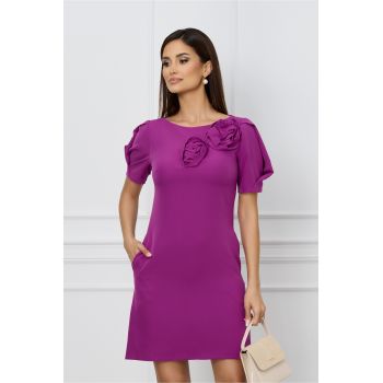 Rochie office magenta cu flori maxi pe bust