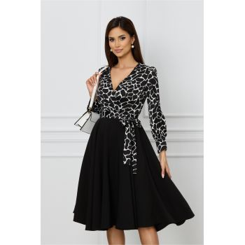 Rochie office din stofa neagra cu imprimeu alb la bust