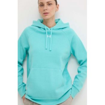 Under Armour bluza femei, culoarea turcoaz, cu glugă, neted