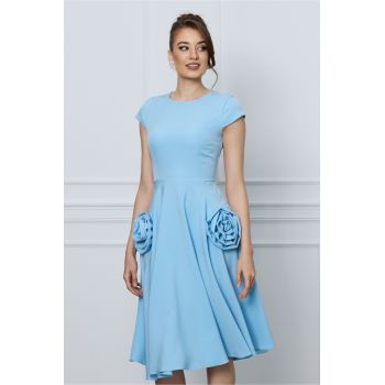 Rochie office bleu cu trandafiri la buzunare