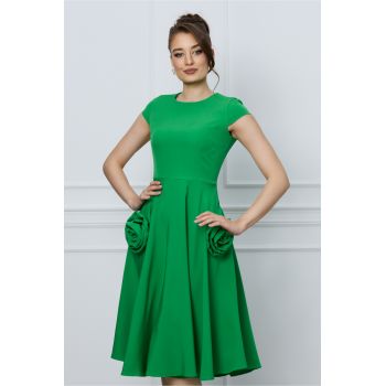 Rochie office verde cu trandafiri la buzunare