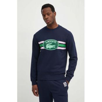 Lacoste hanorac de bumbac barbati, culoarea albastru marin, cu imprimeu