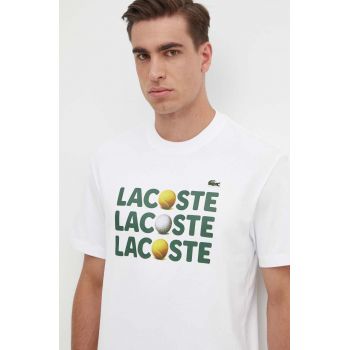 Lacoste tricou din bumbac barbati, culoarea alb, cu imprimeu