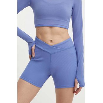 Reebok pantaloni scurți de yoga Lux Studio Rib culoarea violet, neted, high waist, 100076339