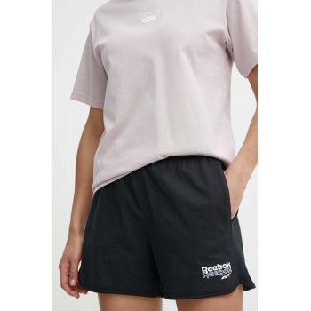 Reebok pantaloni scurti din bumbac culoarea negru, cu imprimeu, high waist, 100075406