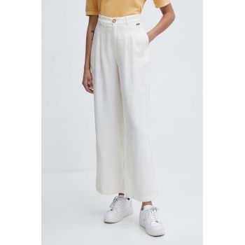 Pepe Jeans pantaloni din in MAE culoarea bej, lat, high waist, PL211740