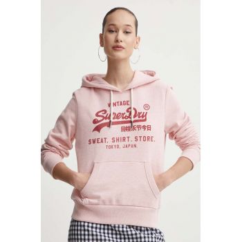 Superdry bluza femei, culoarea roz, cu glugă, cu imprimeu