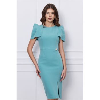 Rochie office bleu cu umeri bufanti si aplicatie pe talie