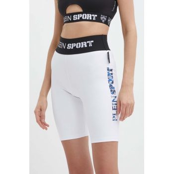 PLEIN SPORT pantaloni scurti femei, culoarea alb, modelator, high waist