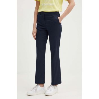 Sisley pantaloni femei, culoarea albastru marin, drept, high waist