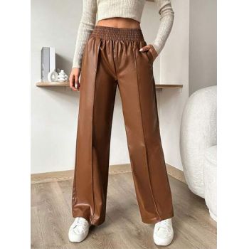 Pantaloni largi cu talie elastica, stil piele, maro ieftini
