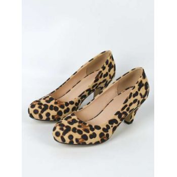Pantofi cu toc mic si imprimeu leopard, crem la reducere
