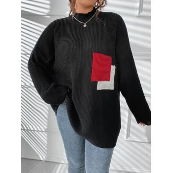 Pulover oversized cu model tricotat si imprimeu, negru