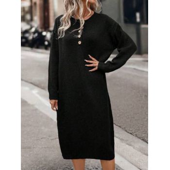 Rochie midi cu croiala lejera, nasturi, maneca lunga, negru