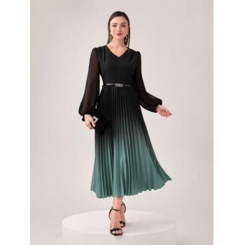 Rochie midi cu pliseuri, decolteu in V, maneca lunga, negru