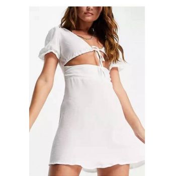 Rochie mini cu maneci bufante, alb la reducere