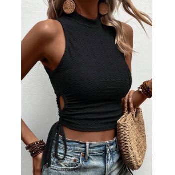 Top cropped cu snur reglabil, negru