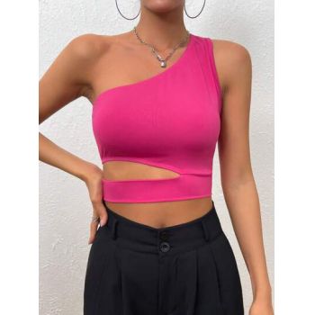 Top cropped cu umar gol si maneca lunga, roz