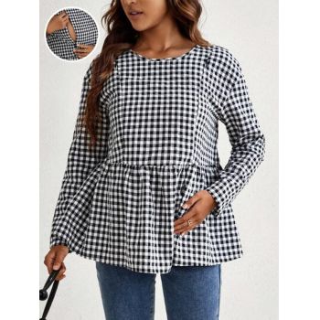 Bluza cu imprimeu in carouri, maneca lunga, Maternity, alb, dama la reducere