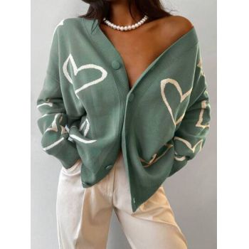 Cardigan oversized cu imprimeu, nasturi, verde, dama