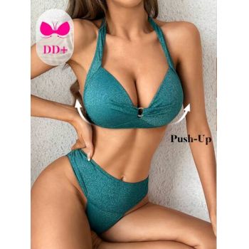 Costum de baie in 2 piese cu sutien Push-Up si chiloti cu talie inalta, albastru, dama