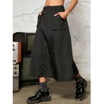 Fusta midi, tip pantalon costum, cu buzunare, negru