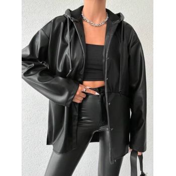 Jacheta cu gluga si nasturi, model piele, negru, dama