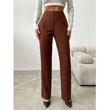Pantaloni cu talie inalta, model costum, maro ieftini