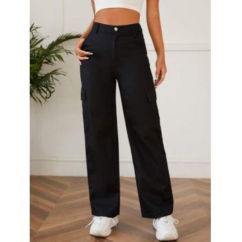 Pantaloni largi stil cargo, cu talie inalta, Petite, negru ieftini