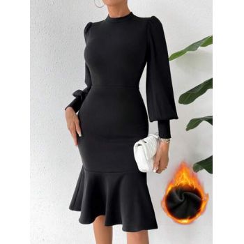 Rochie midi cu maneca lunga si volan, negru, dama