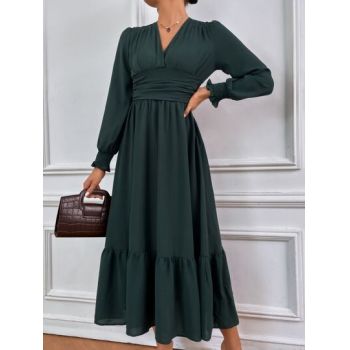 Rochie midi cu volan si maneci lungi, verde