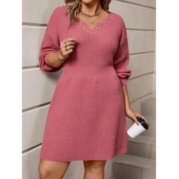 Rochie mini stil pulover cu decolteu si aplicatii perle, roz, dama la reducere