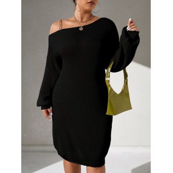 Rochie mini stil pulover, cu umar gol, negru