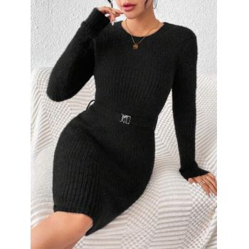 Rochie mini, stil pulover puffy, cu o curea, negru