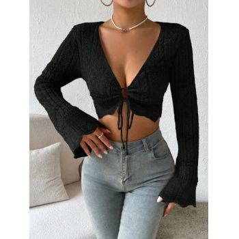 Top cropped cu maneca lunga, evazata, snur reglabil, negru, dama