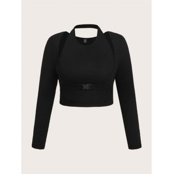 Top cropped cu maneca lunga, guler inalt, negru, dama