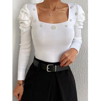 Bluza cu aplicaii perle si decolteu patrat, alb, dama