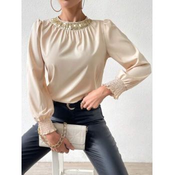 Bluza eleganta cu aplicatii si maneci elastice, alb, dama, Shein la reducere