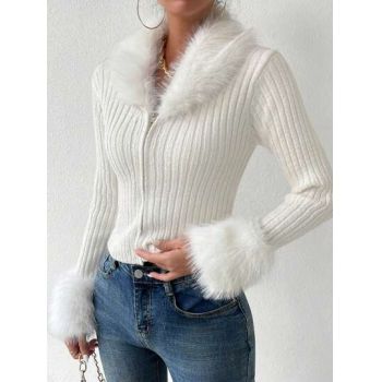 Cardigan cu fermoar si blana, alb, dama, Shein