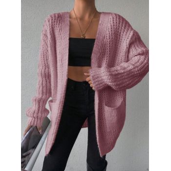 Cardigan din tricot cu buzunare, roz, dama la reducere