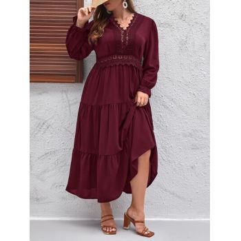 Rochie maxi cu volane si aplicatii broderie, visiniu, dama