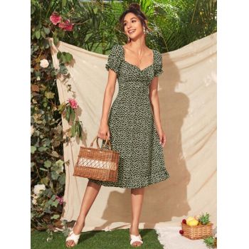 Rochie midi cu imprimeu si decolteu, verde, dama, Shein