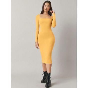 Rochie midi mulata, cu decolteu patrat, galben, dama, Shein