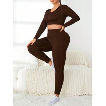 Set fitness cu top si colanti cu talie inalta, maro, dama