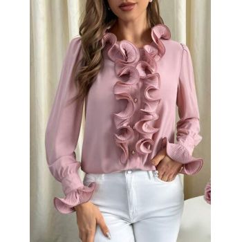 Bluza stil camasa cu volanase, roz la reducere