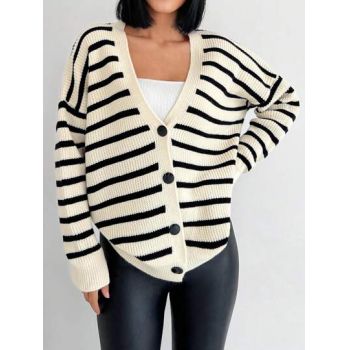 Cardigan cu model dungi si nasturi, alb, dama, Shein