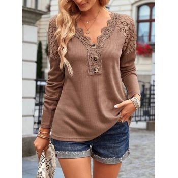 Bluza cu detalii broderie si decolteu, maro, dama, Shein