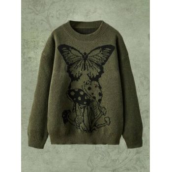 Pulover din tricot cu imprimeu fluture, kaki, dama, Shein
