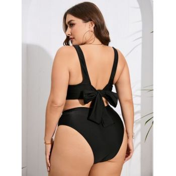 Set costum de baie, sutien si chiloti cu talie inalta, negru, dama, Shein