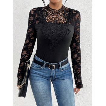 Bluza pe gat cu imprimeu dantela, negru, dama, Shein